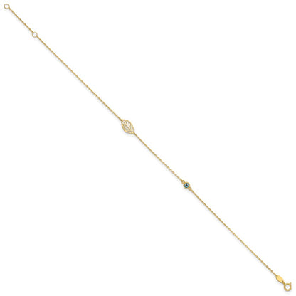 14K Yellow Gold Leaf and Glass Eye Bead 9in Plus 1in Ext Anklet