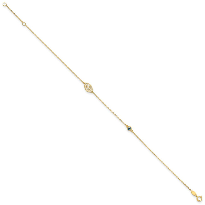 14K Yellow Gold Leaf and Glass Eye Bead 9in Plus 1in Ext Anklet