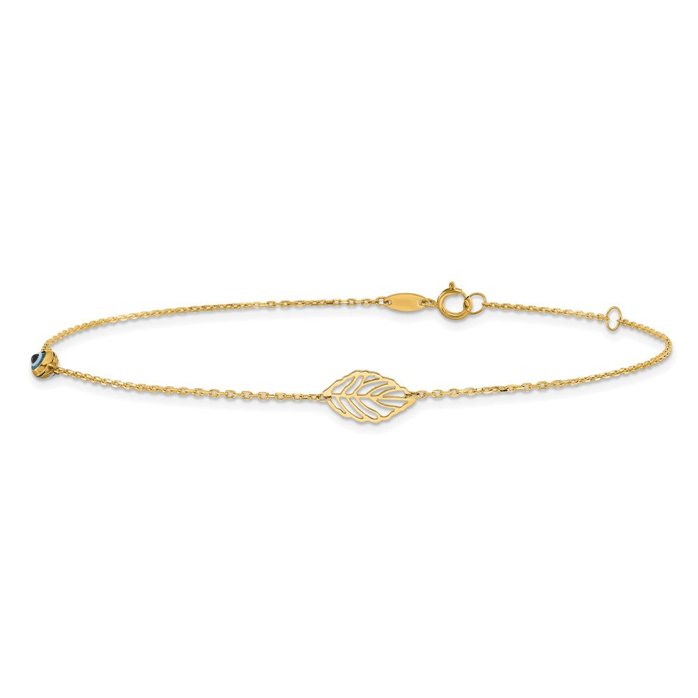 14K Yellow Gold Leaf and Glass Eye Bead 9in Plus 1in Ext Anklet
