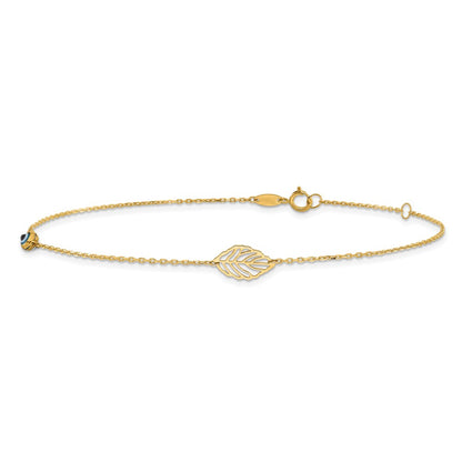 14K Yellow Gold Leaf and Glass Eye Bead 9in Plus 1in Ext Anklet