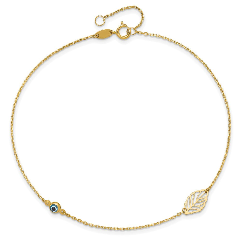14K Yellow Gold Leaf and Glass Eye Bead 9in Plus 1in Ext Anklet