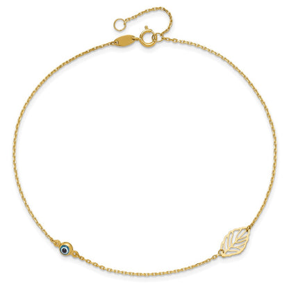 14K Yellow Gold Leaf and Glass Eye Bead 9in Plus 1in Ext Anklet