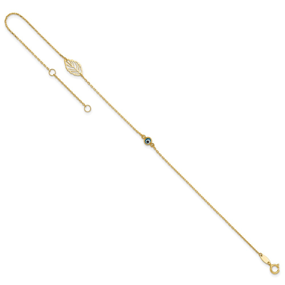 14K Yellow Gold Leaf and Glass Eye Bead 9in Plus 1in Ext Anklet