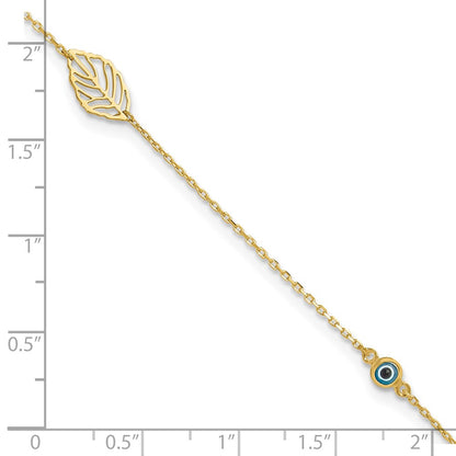 14K Yellow Gold Leaf and Glass Eye Bead 9in Plus 1in Ext Anklet