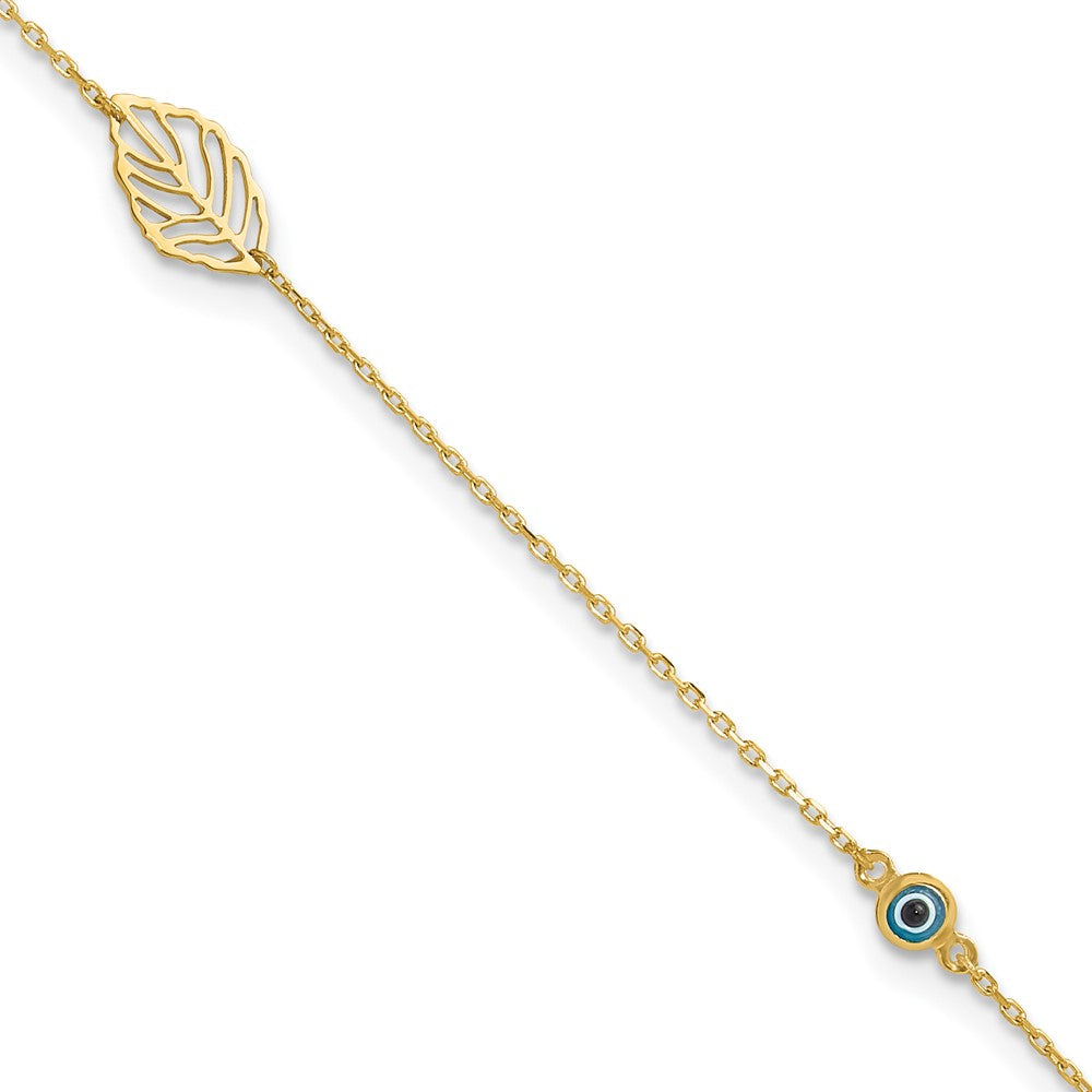 14K Yellow Gold Leaf and Glass Eye Bead 9in Plus 1in Ext Anklet
