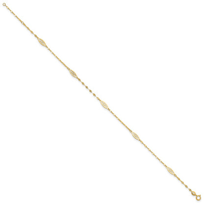 14K Yellow Gold Polished Fancy Filigree Link 9in Plus 1 in Ext. Anklet