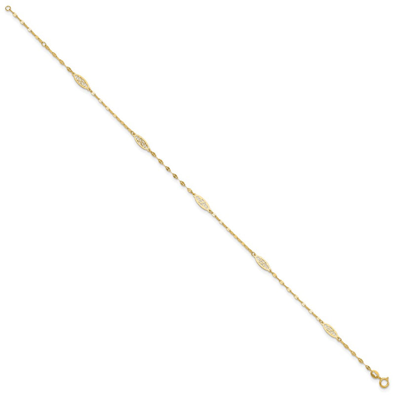 14K Yellow Gold Polished Fancy Filigree Link 9in Plus 1 in Ext. Anklet