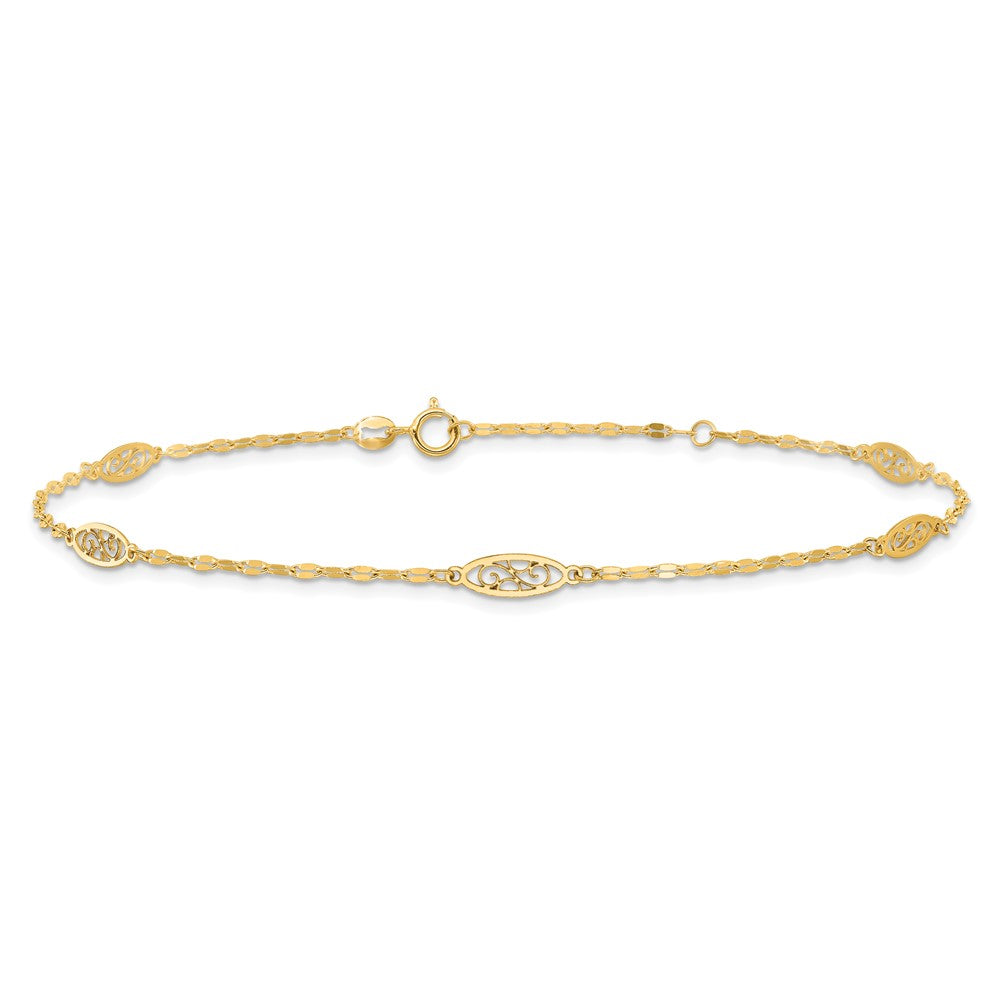 14K Yellow Gold Polished Fancy Filigree Link 9in Plus 1 in Ext. Anklet