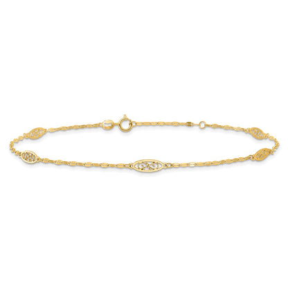 14K Yellow Gold Polished Fancy Filigree Link 9in Plus 1 in Ext. Anklet
