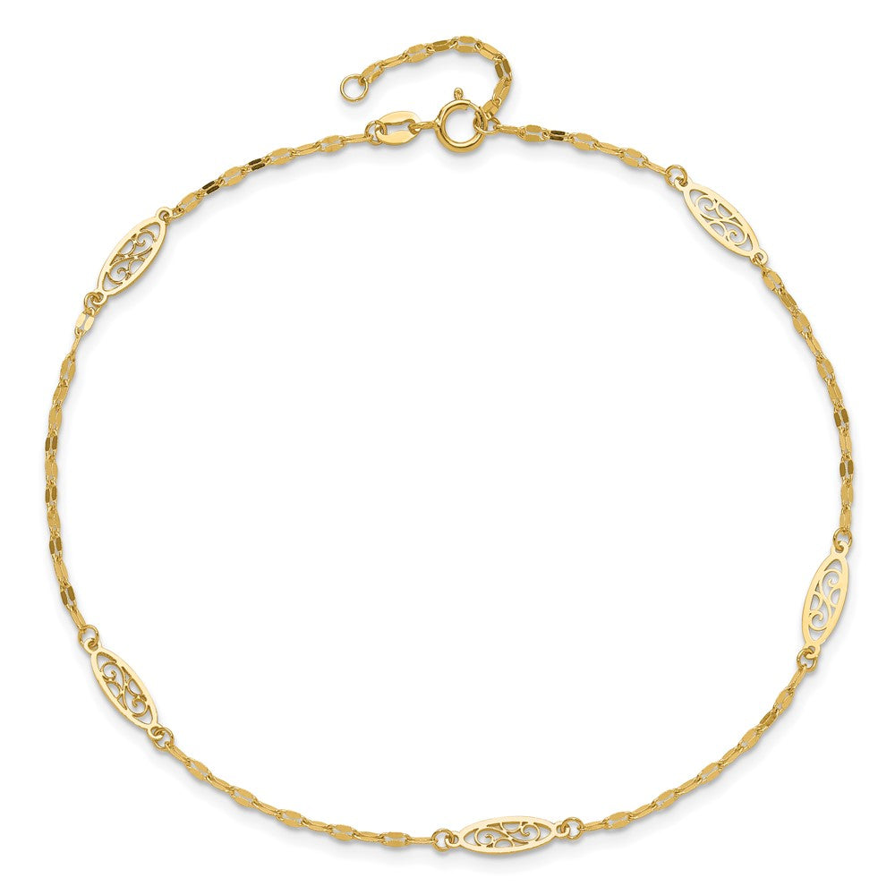 14K Yellow Gold Polished Fancy Filigree Link 9in Plus 1 in Ext. Anklet
