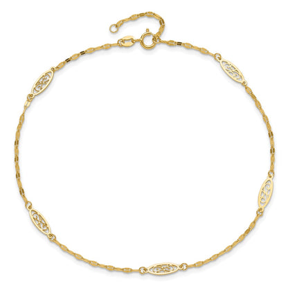 14K Yellow Gold Polished Fancy Filigree Link 9in Plus 1 in Ext. Anklet