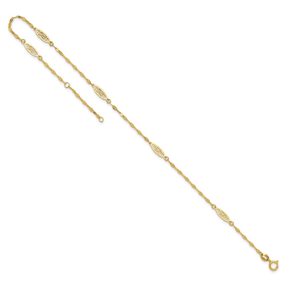 14K Yellow Gold Polished Fancy Filigree Link 9in Plus 1 in Ext. Anklet