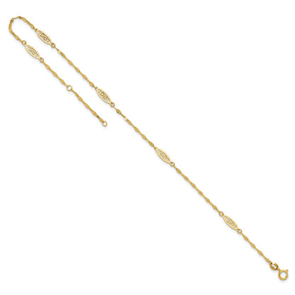 14K Yellow Gold Polished Fancy Filigree Link 9in Plus 1 in Ext. Anklet