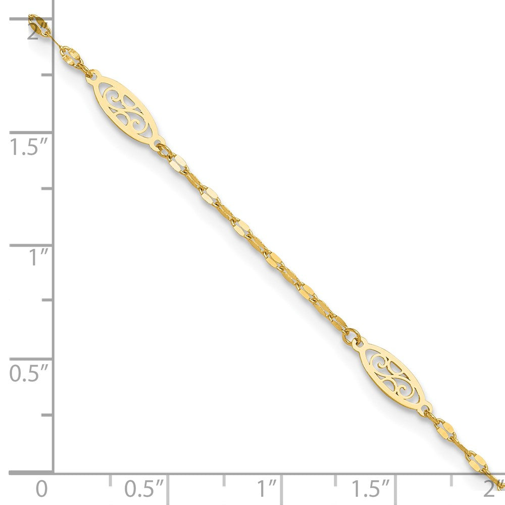 14K Yellow Gold Polished Fancy Filigree Link 9in Plus 1 in Ext. Anklet