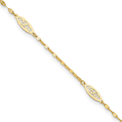 14K Yellow Gold Polished Fancy Filigree Link 9in Plus 1 in Ext. Anklet