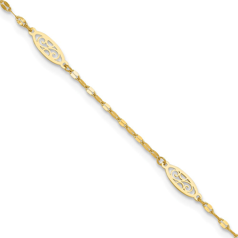 14K Yellow Gold Polished Fancy Filigree Link 9in Plus 1 in Ext. Anklet