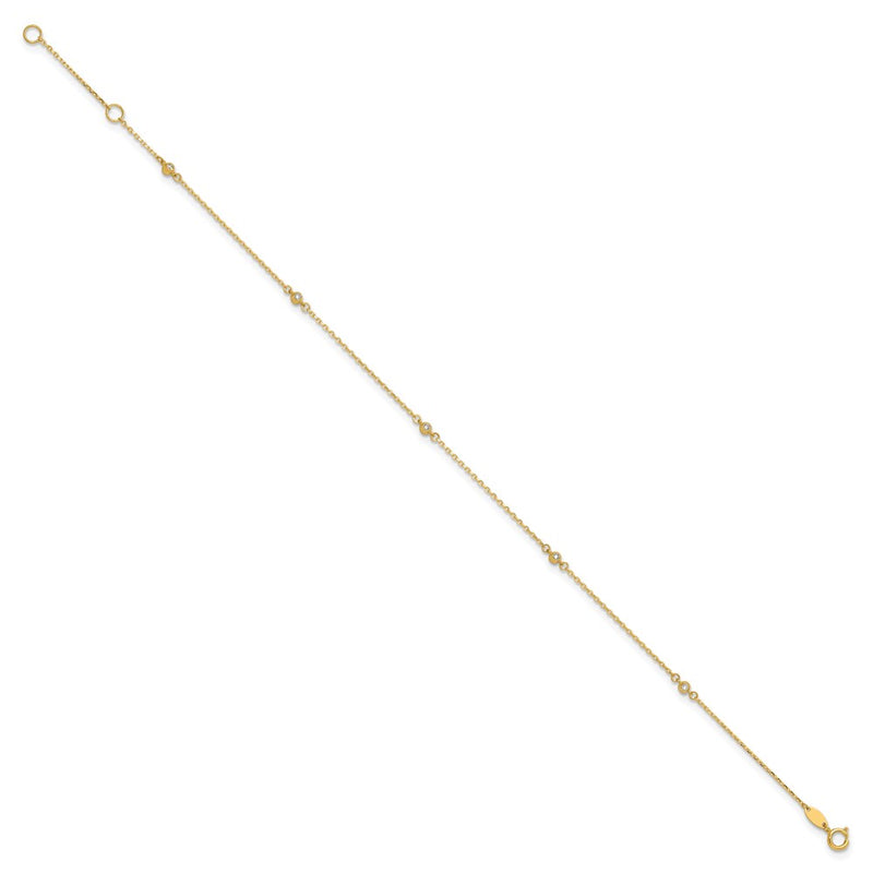 14K Yellow Gold Polished CZ 5 Station 9in with 1 in Ext. Anklet