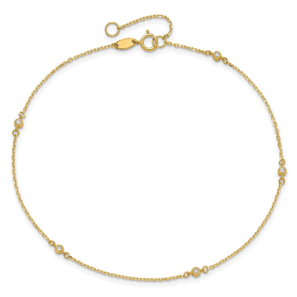 14K Yellow Gold Polished CZ 5 Station 9in with 1 in Ext. Anklet