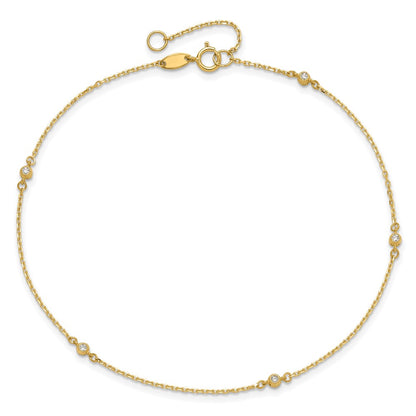 14K Yellow Gold Polished CZ 5 Station 9in with 1 in Ext. Anklet