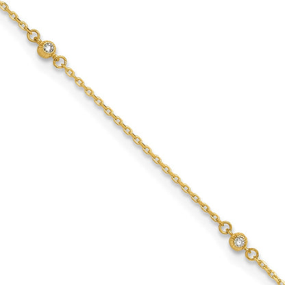 14K Yellow Gold Polished CZ 5 Station 9in with 1 in Ext. Anklet