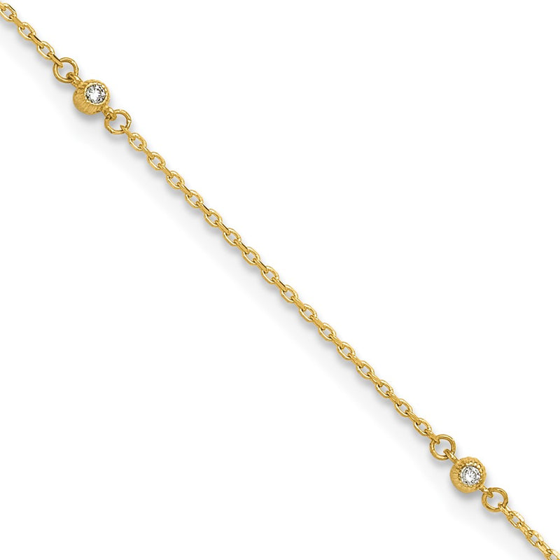 14K Yellow Gold Polished CZ 5 Station 9in with 1 in Ext. Anklet