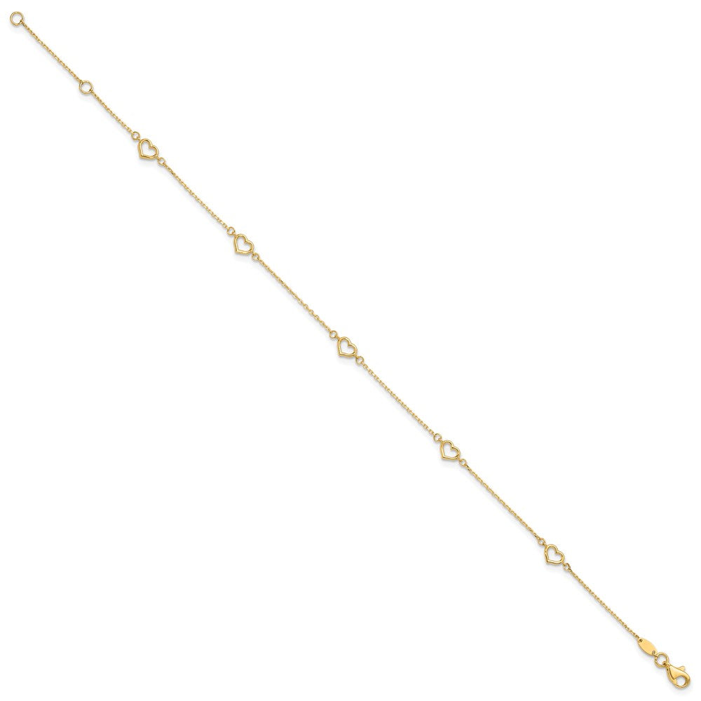 14K Yellow Gold Polished Heart Link 9in Plus 1in Ext. Anklet