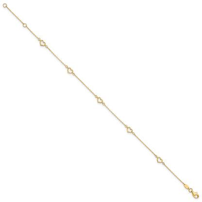 14K Yellow Gold Polished Heart Link 9in Plus 1in Ext. Anklet