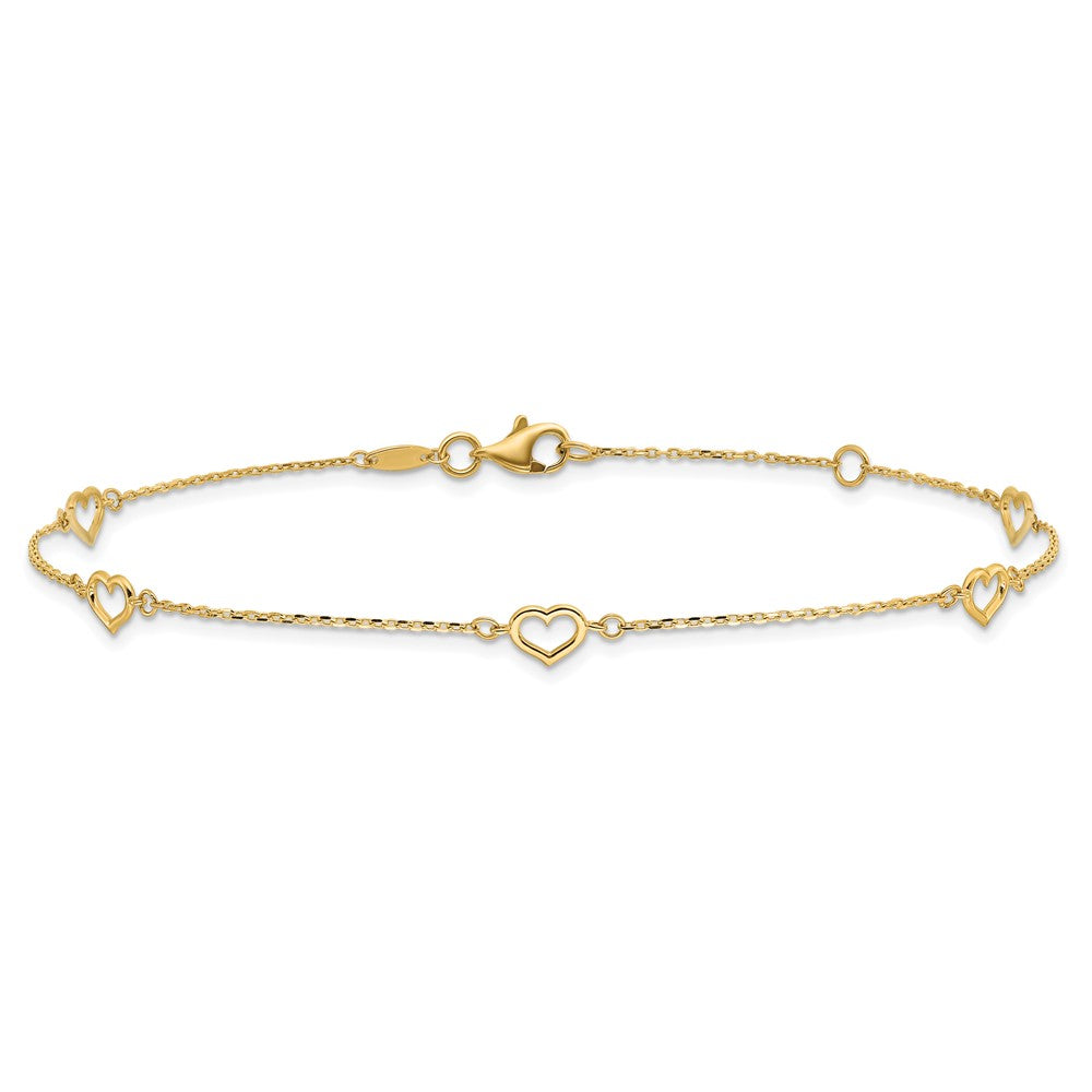 14K Yellow Gold Polished Heart Link 9in Plus 1in Ext. Anklet