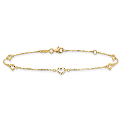14K Yellow Gold Polished Heart Link 9in Plus 1in Ext. Anklet
