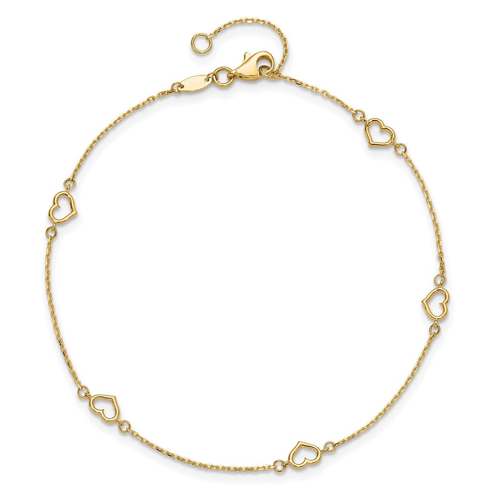 14K Yellow Gold Polished Heart Link 9in Plus 1in Ext. Anklet