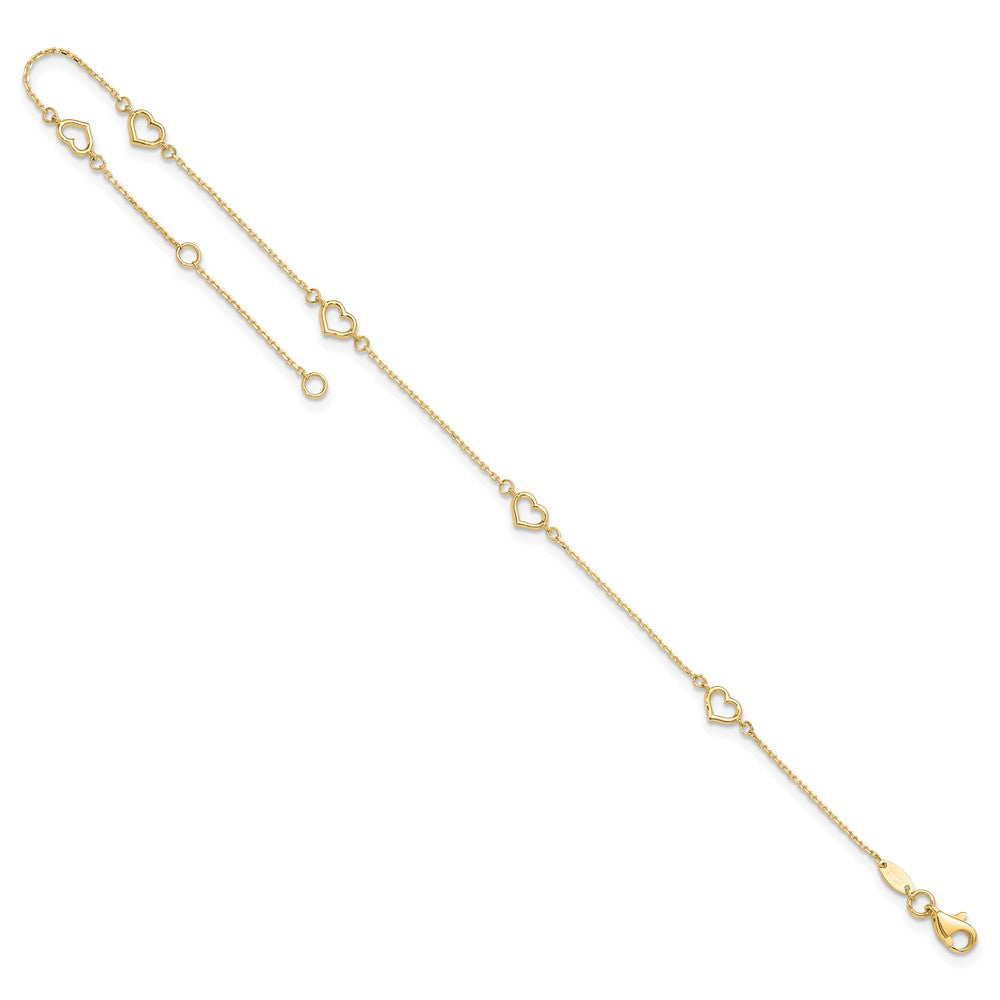 14K Yellow Gold Polished Heart Link 9in Plus 1in Ext. Anklet