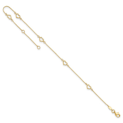 14K Yellow Gold Polished Heart Link 9in Plus 1in Ext. Anklet