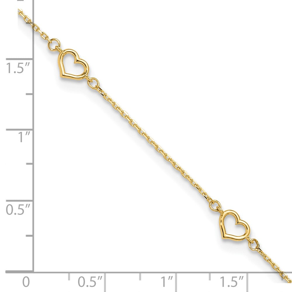 14K Yellow Gold Polished Heart Link 9in Plus 1in Ext. Anklet