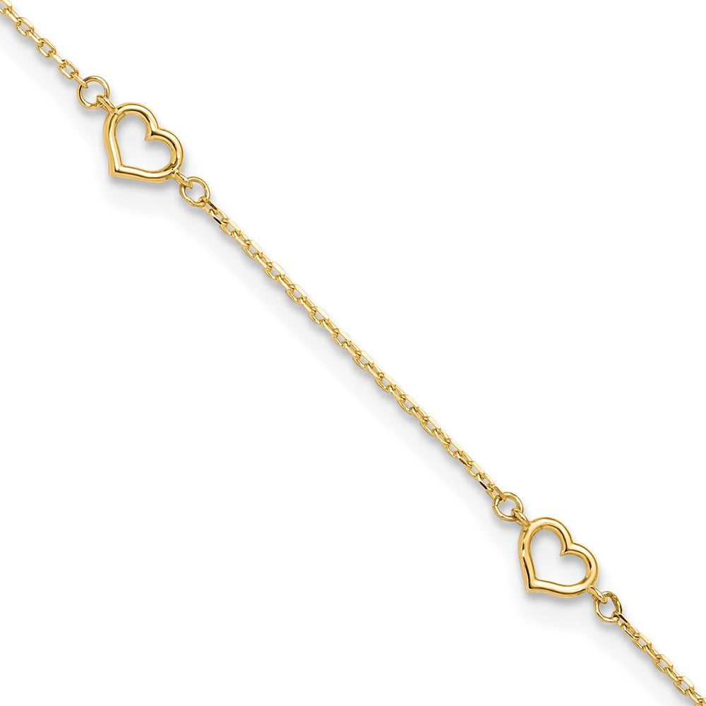 14K Yellow Gold Polished Heart Link 9in Plus 1in Ext. Anklet