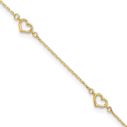 14K Yellow Gold Polished Heart Link 9in Plus 1in Ext. Anklet