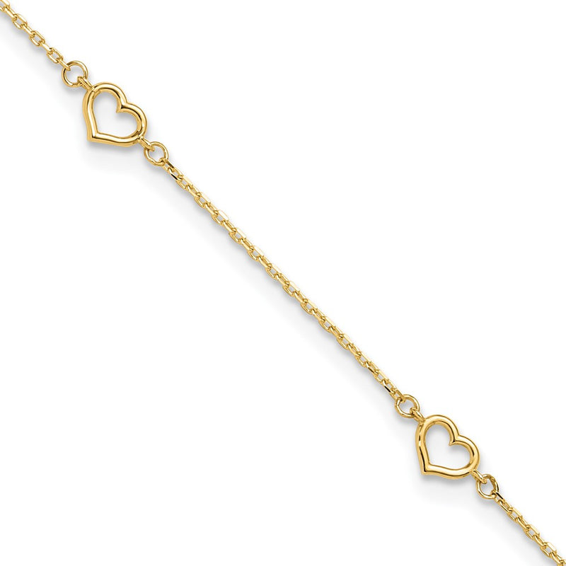 14K Yellow Gold Polished Heart Link 9in Plus 1in Ext. Anklet