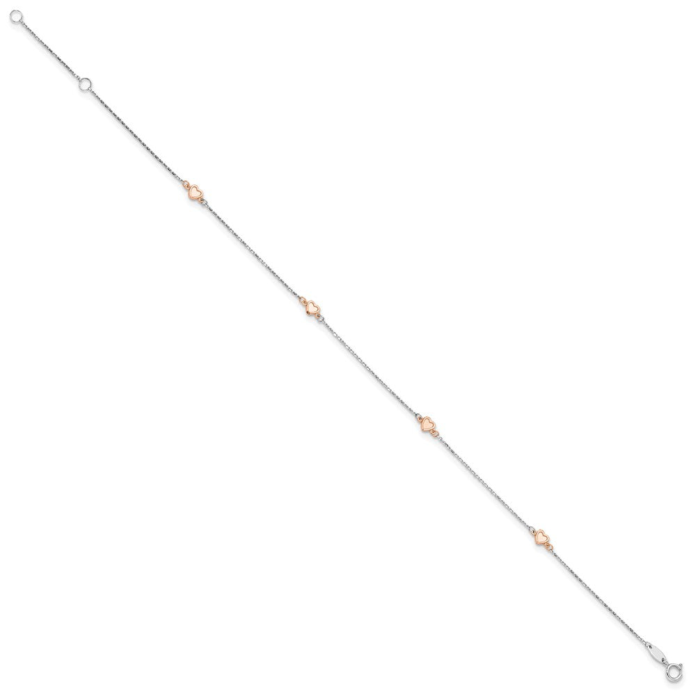 14K White/rose Gold Two-Tone White and Rose Satin Hearts 9in Plus 1in Ext. Anklet