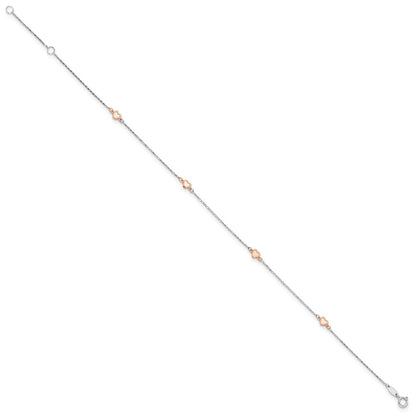 14K White/rose Gold Two-Tone White and Rose Satin Hearts 9in Plus 1in Ext. Anklet