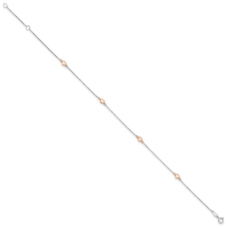 14K White/rose Gold Two-Tone White and Rose Satin Hearts 9in Plus 1in Ext. Anklet