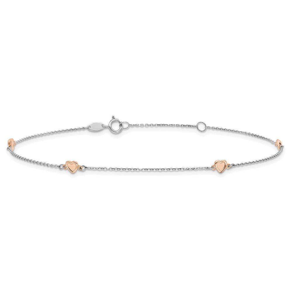 14K White/rose Gold Two-Tone White and Rose Satin Hearts 9in Plus 1in Ext. Anklet