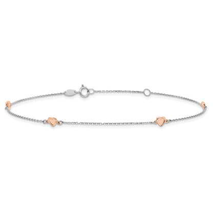 14K White/rose Gold Two-Tone White and Rose Satin Hearts 9in Plus 1in Ext. Anklet