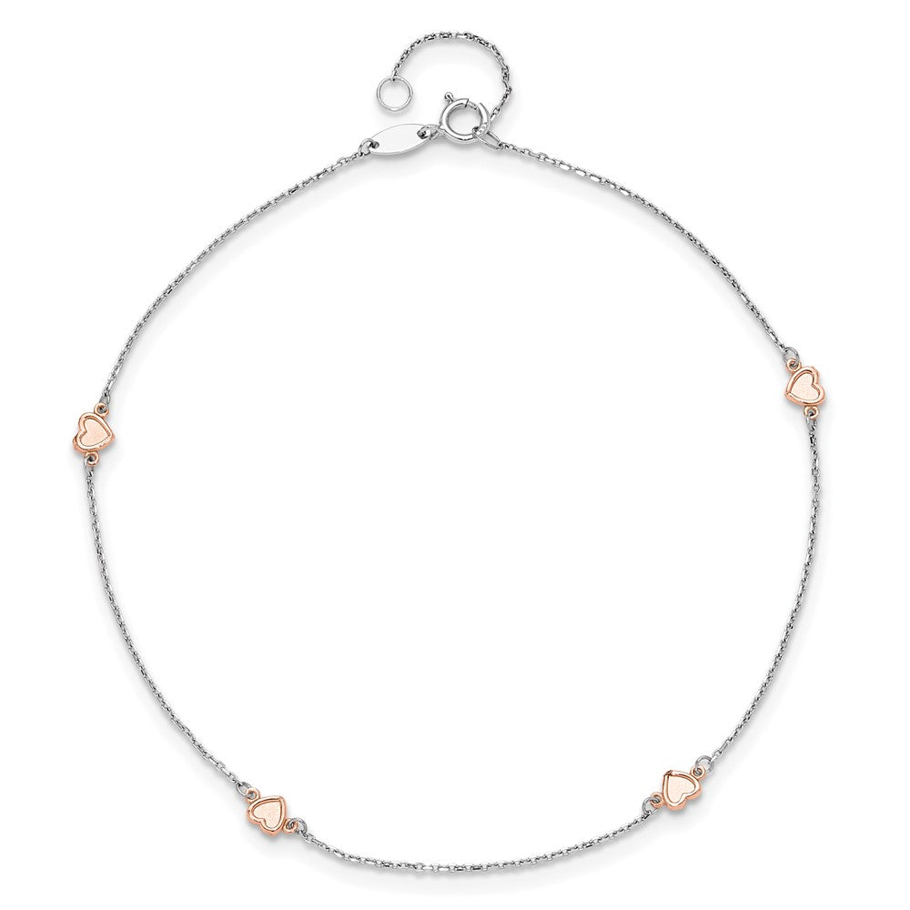14K White/rose Gold Two-Tone White and Rose Satin Hearts 9in Plus 1in Ext. Anklet