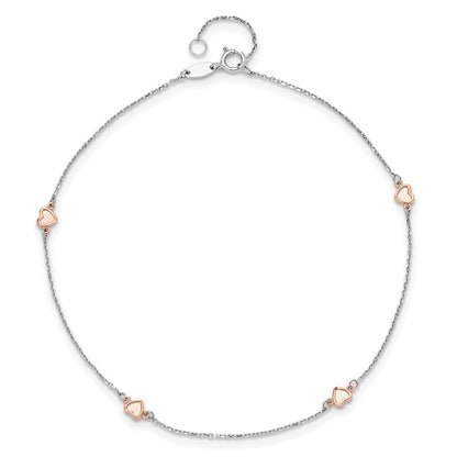14K White/rose Gold Two-Tone White and Rose Satin Hearts 9in Plus 1in Ext. Anklet