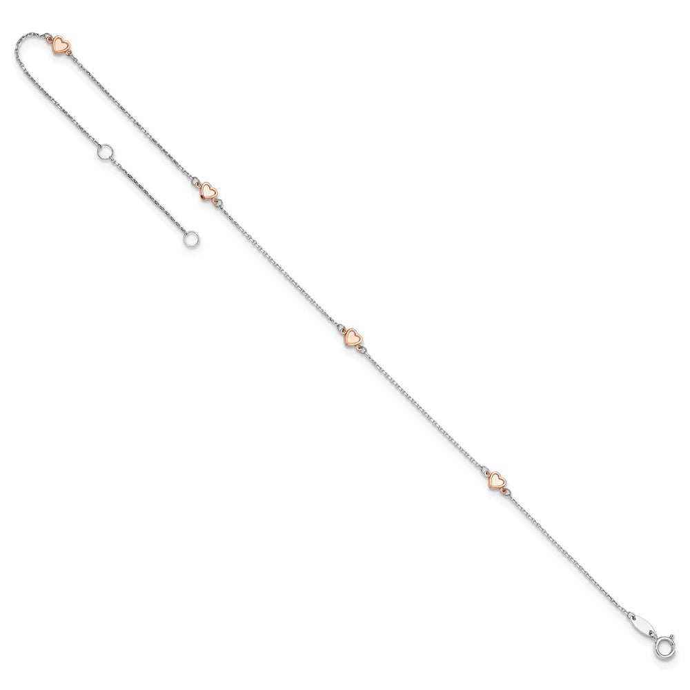 14K White/rose Gold Two-Tone White and Rose Satin Hearts 9in Plus 1in Ext. Anklet