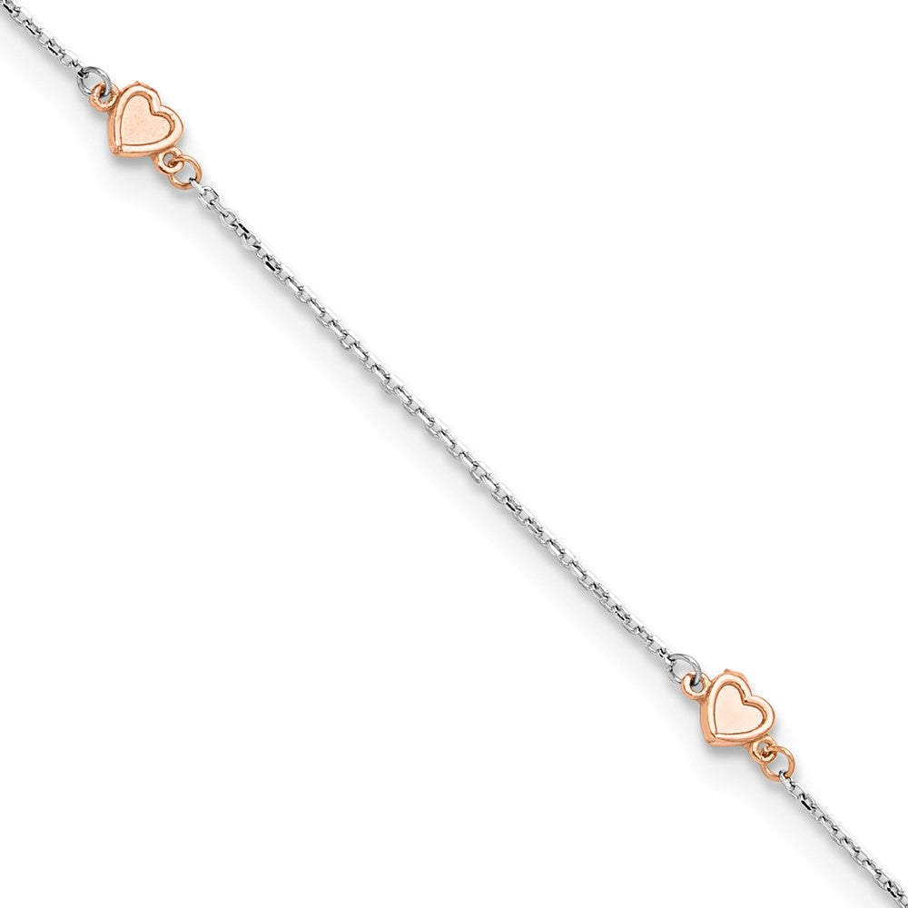 14K White/rose Gold Two-Tone White and Rose Satin Hearts 9in Plus 1in Ext. Anklet