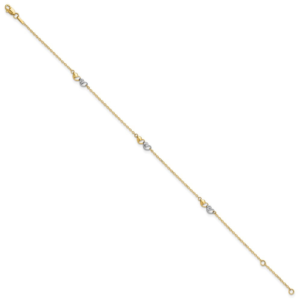 14K Two-Tone Polished and D/c Hearts 9in Plus 1in Ext. Anklet