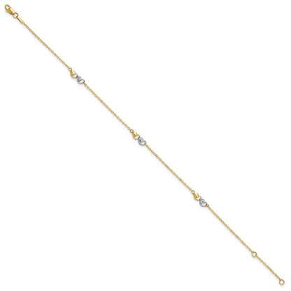 14K Two-Tone Polished and D/c Hearts 9in Plus 1in Ext. Anklet
