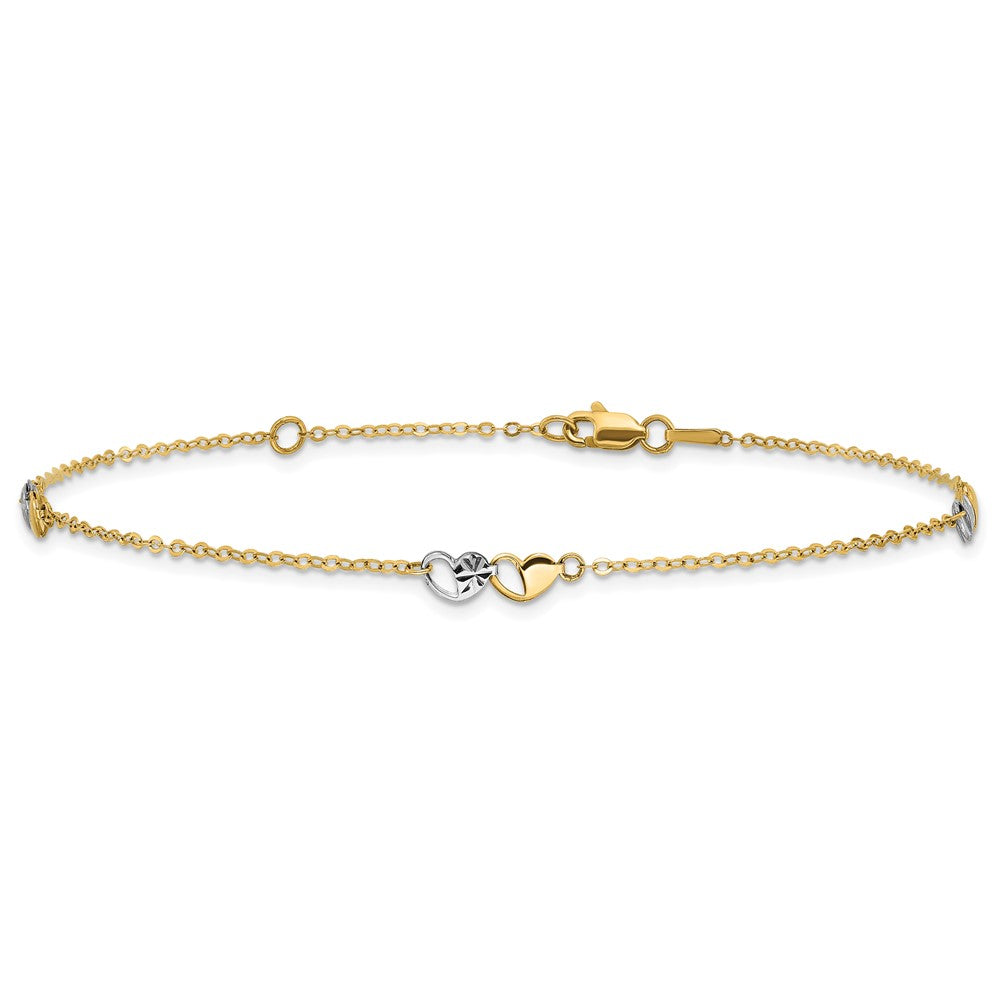14K Two-Tone Polished and D/c Hearts 9in Plus 1in Ext. Anklet