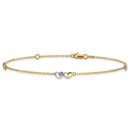 14K Two-Tone Polished and D/c Hearts 9in Plus 1in Ext. Anklet