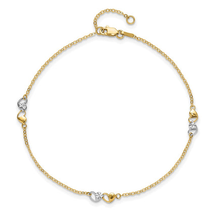 14K Two-Tone Polished and D/c Hearts 9in Plus 1in Ext. Anklet